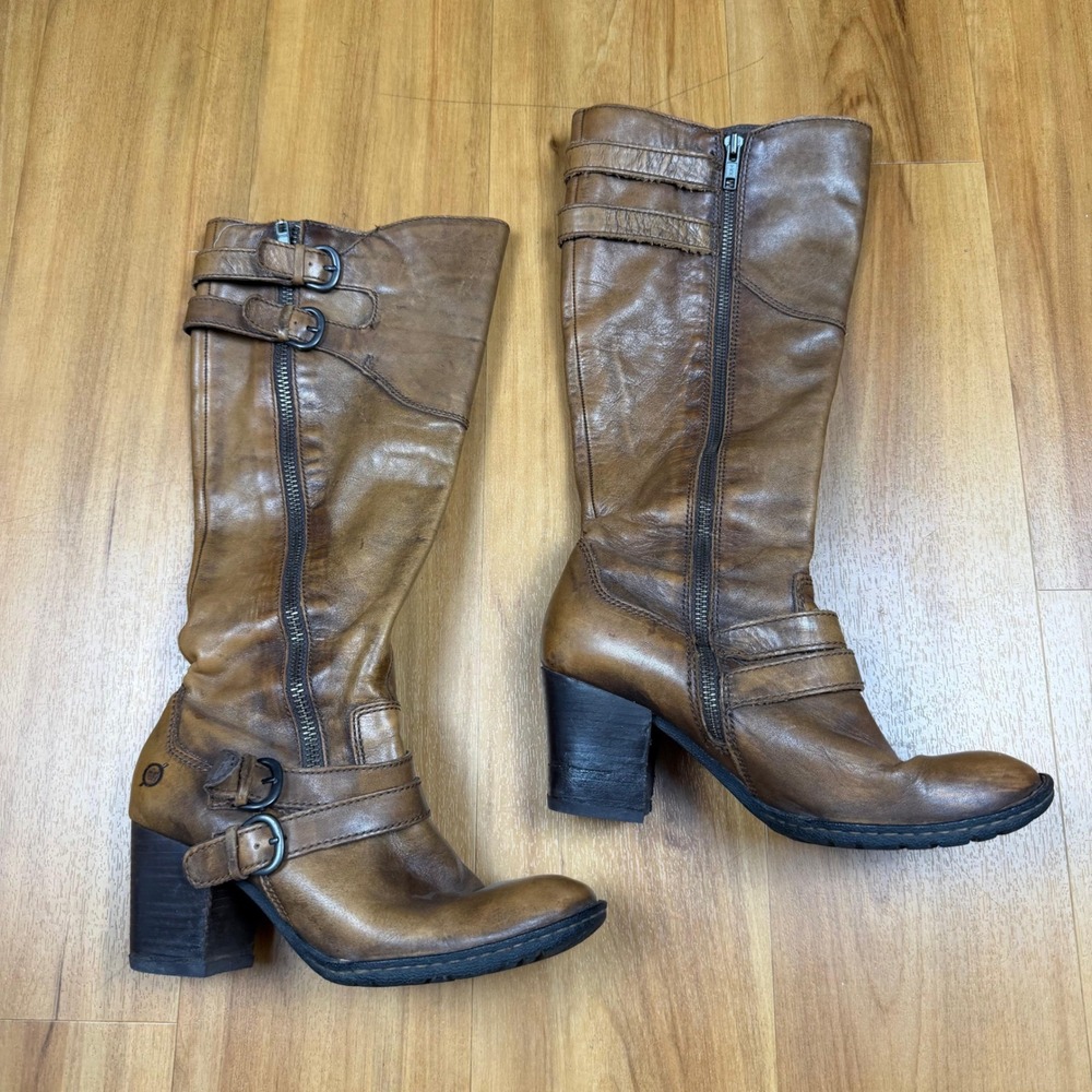 Born Womens Tall Brown Leather Buckle Boots Block Heel W62408 Size 7 38